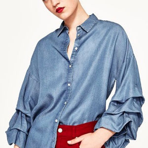 Zara Puffed Ruffle Tierd Sleeve Chambray Shirt S